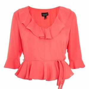 TOPSHOP Ruffle Peplum Blouse Hot Pink 3/4 Sleeve